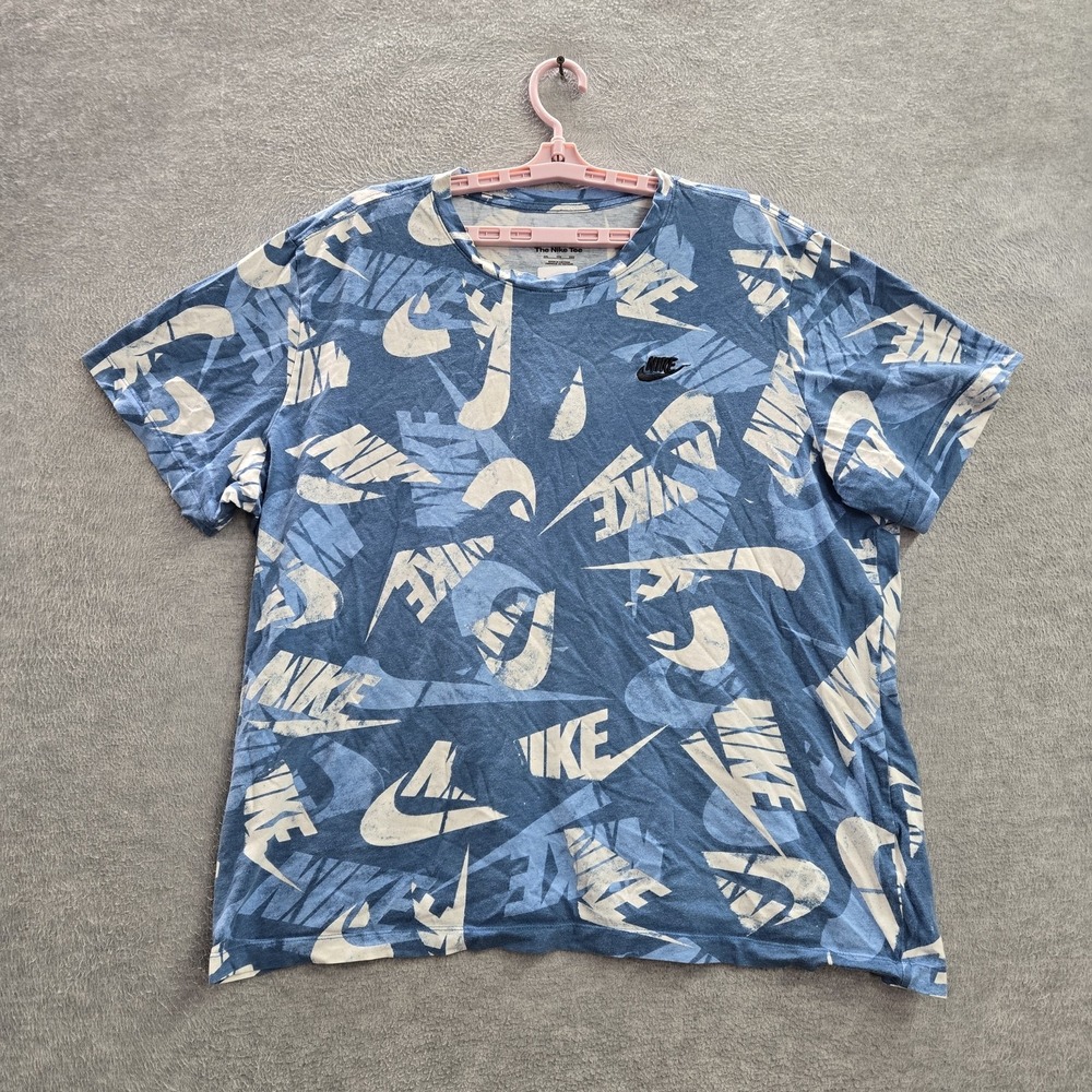Nike Men Shirt 2XL Blue Logo Embroidery Graphic Print Allover Short Sleeve Tee